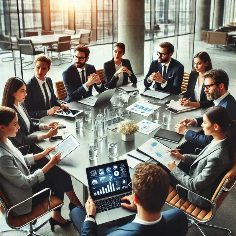 DALL·E 2025-02-23 23.34.27 - A business team brainstorming in a modern conference room. The scene should feature a diverse group of professionals sitting around a table, discussin